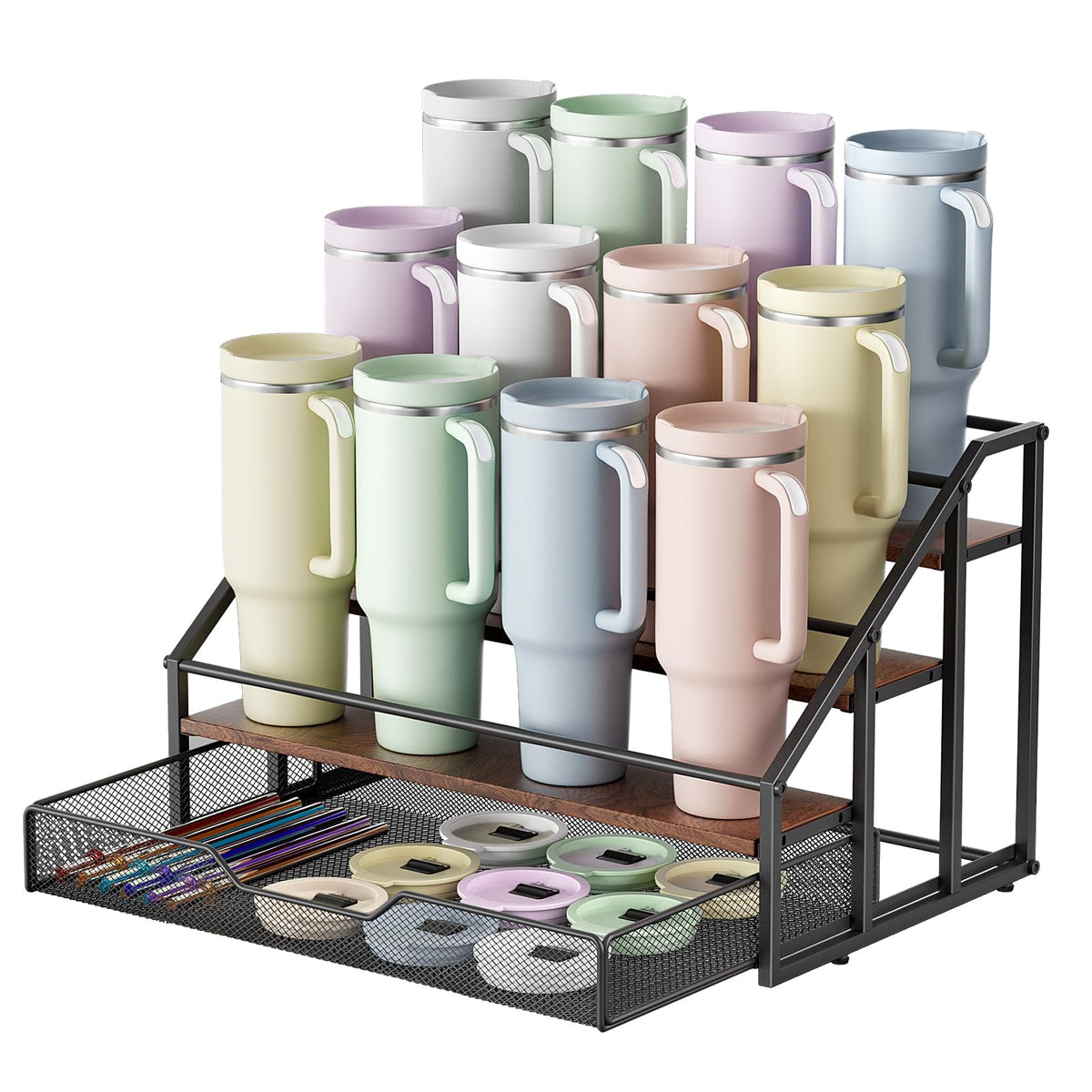 MOJOHAND 4-tier water bottle organizer on countertop holds Stanley tumblers neatly