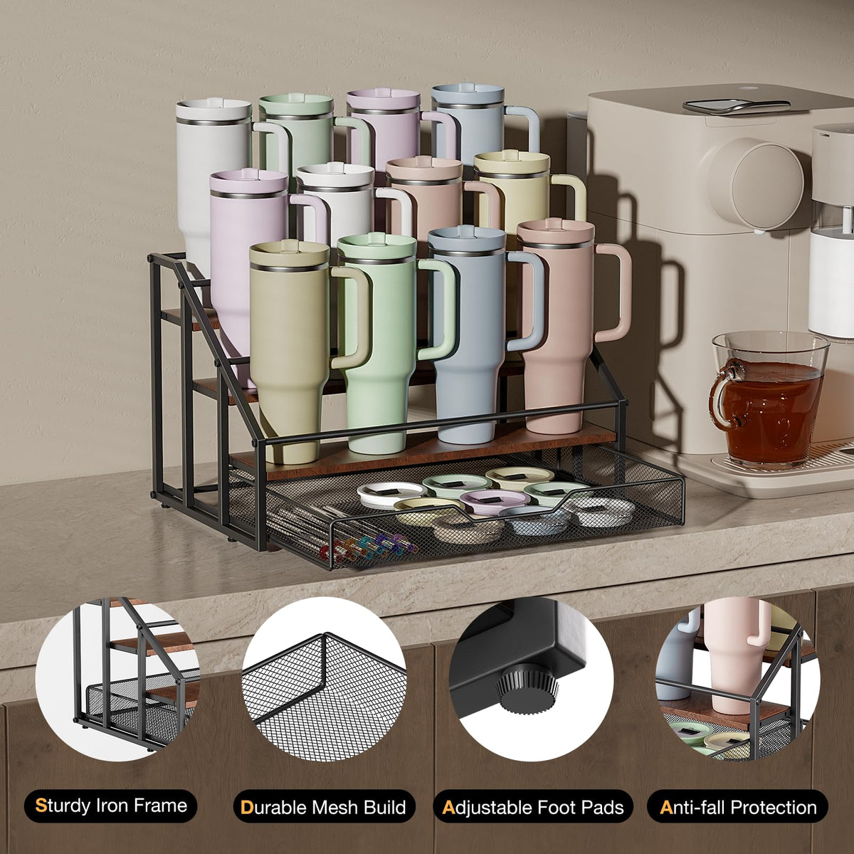 MOJOHAND countertop display demonstrates versatile storage for cups, bottles, and more
