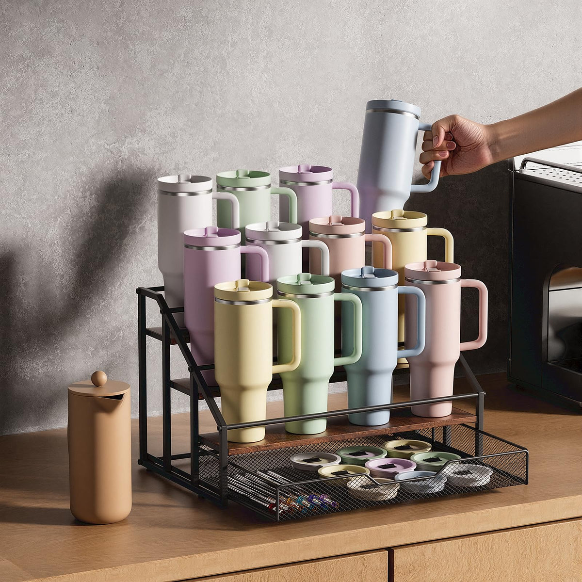 MOJOHAND multi-use rack organizes cups, wine bottles, and baby bottles for daily use