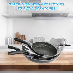 MOJOTORY pan protectors 12-9-inch size helping stack efficiently.