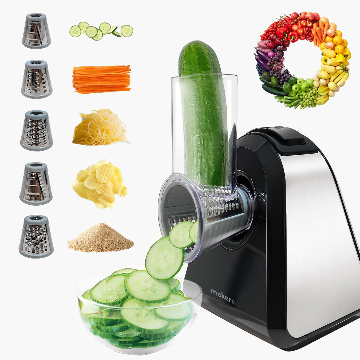 Mokero 5-in-1 electric cheese grater with interchangeable blades for versatile slicing.