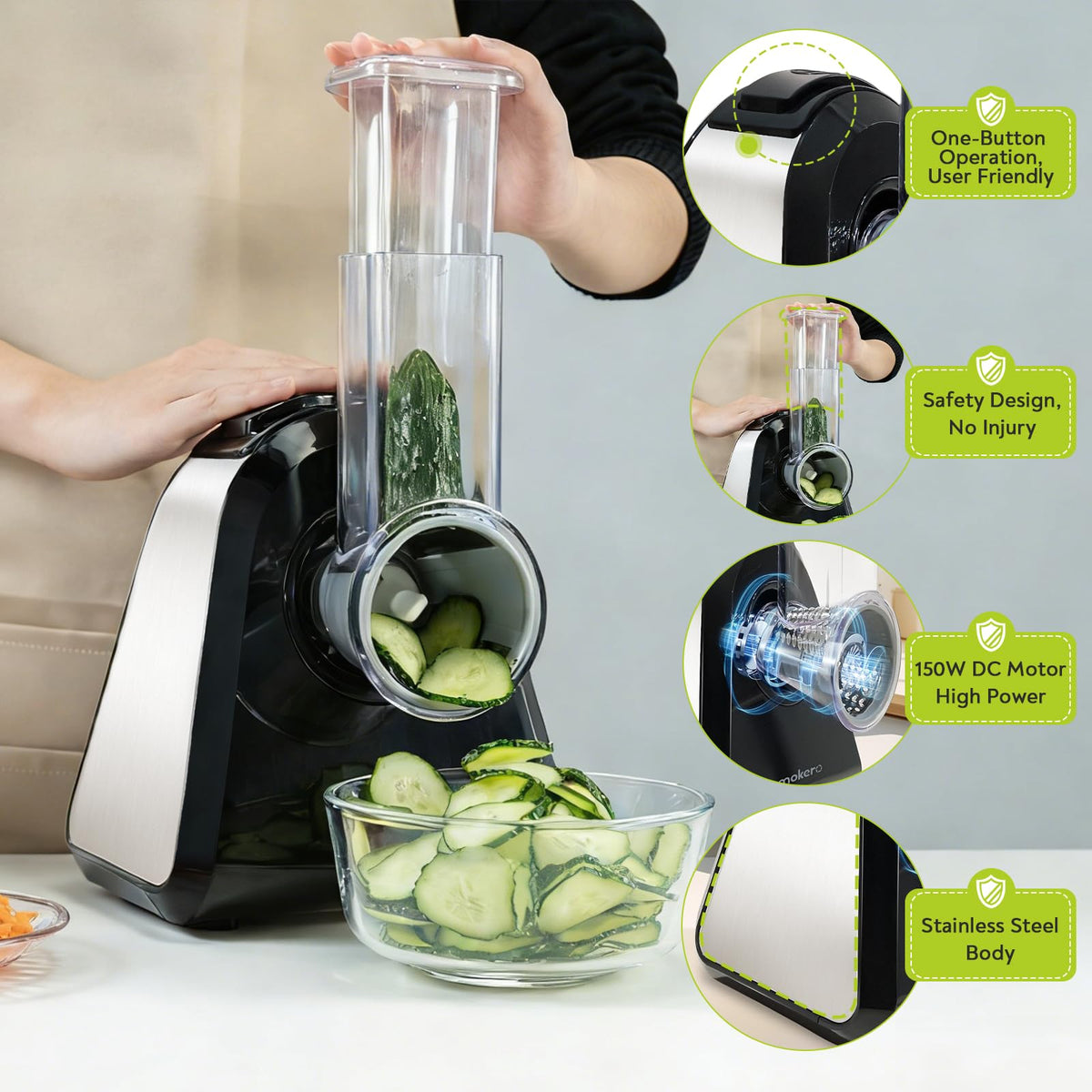 Mokero salad shooter for vegetables delivers even slices for quick salads.