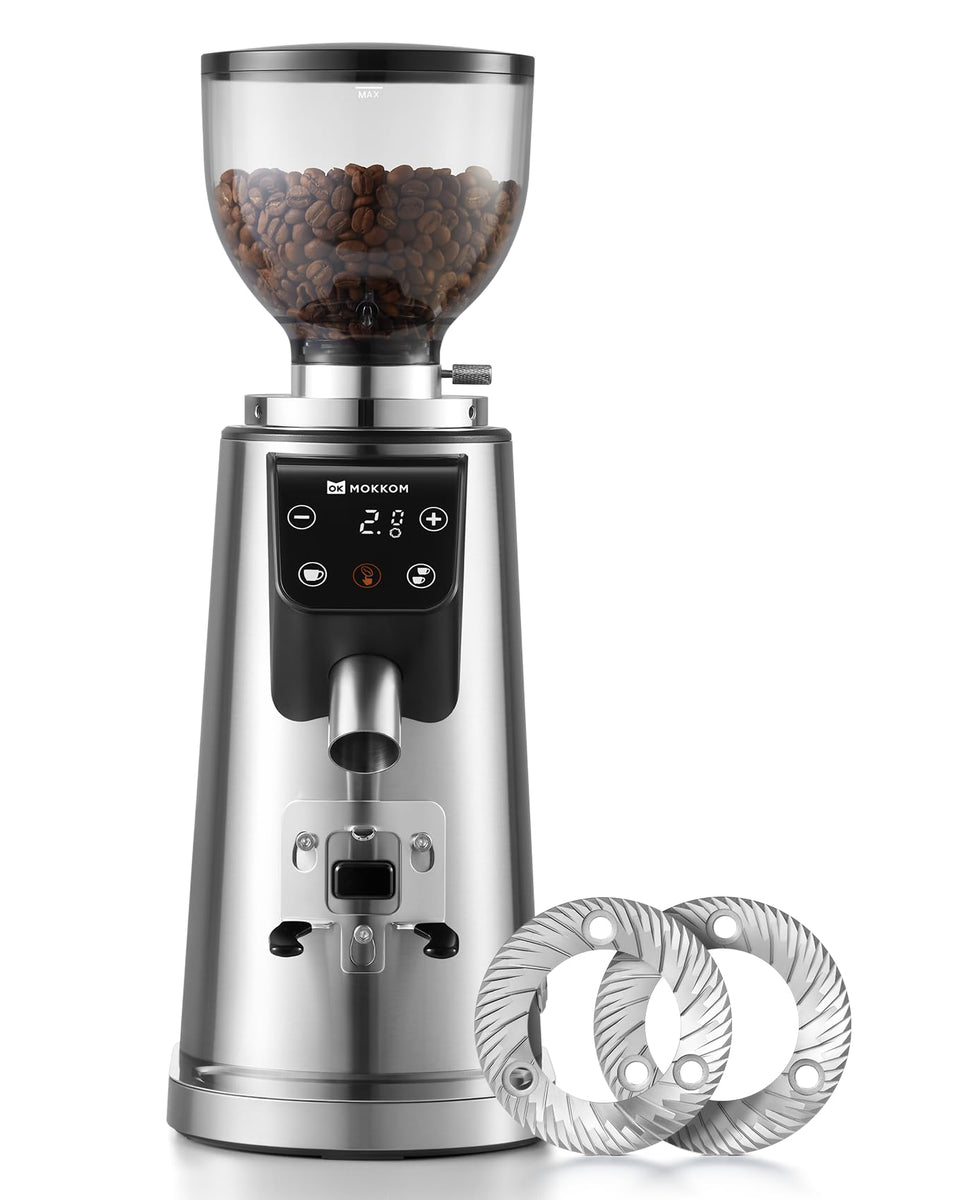 MOKKOM 64mm flat burr close-up demonstrates grind consistency for balanced flavors