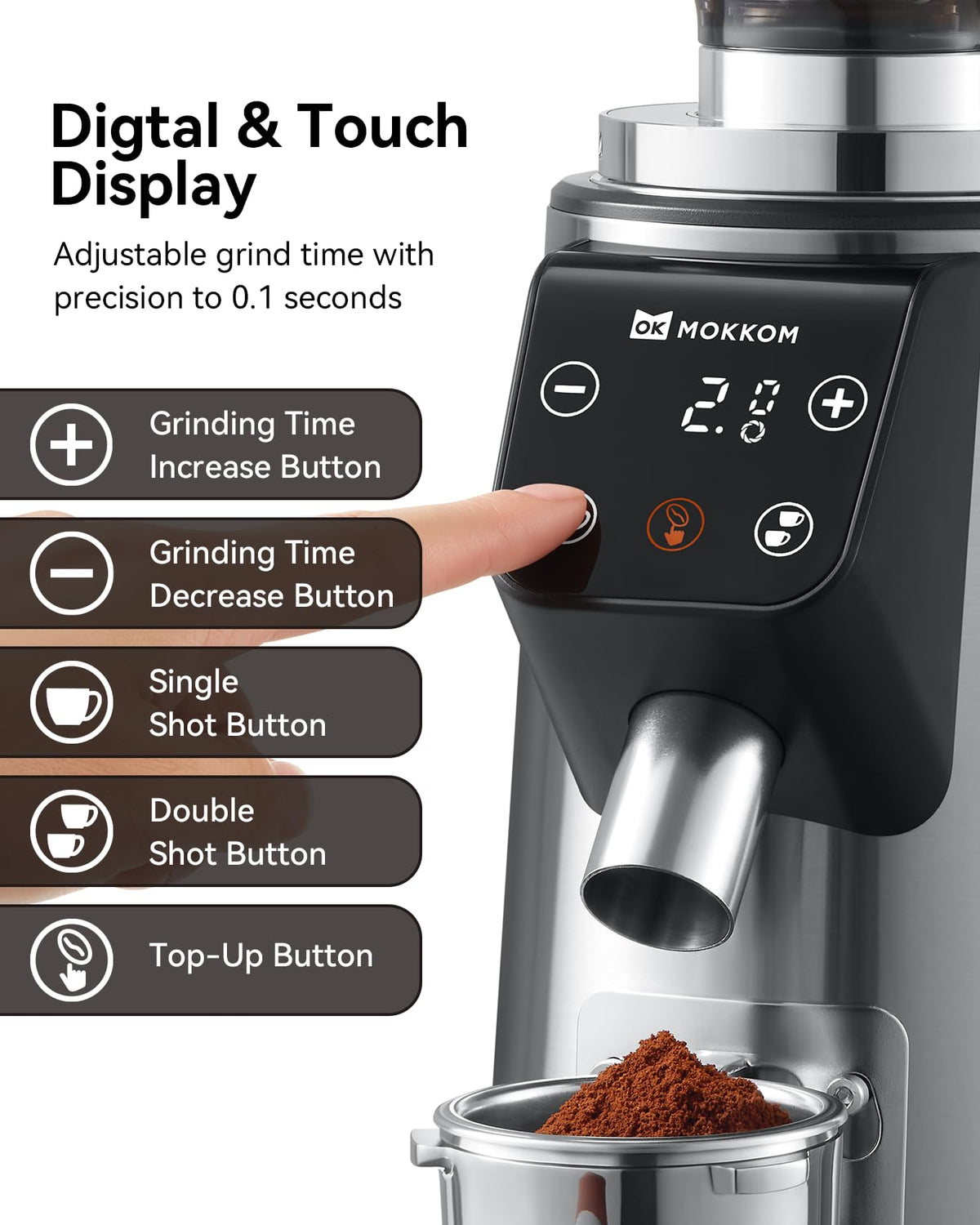 MOKKOM LED display timer illustrates precise dosing for single or double shots