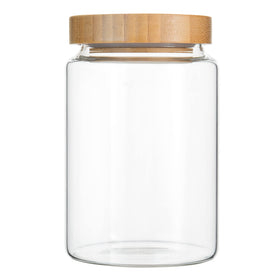 Moladri clear glass jar with bamboo lid for pantry organization and freshness.