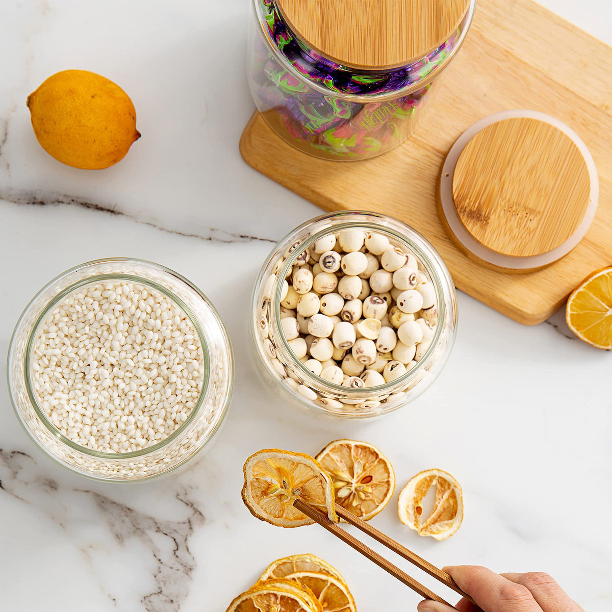 Moladri decorative jar elevates counters while storing dry goods.