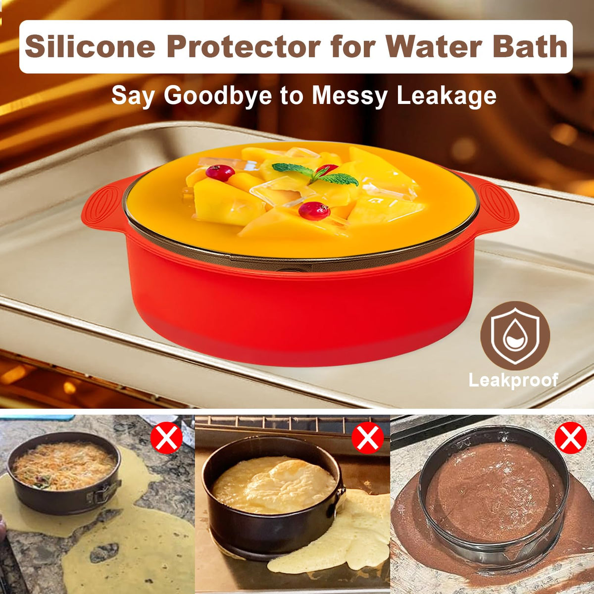 Molgree silicone protector on the pan provides leakproof protection during baking