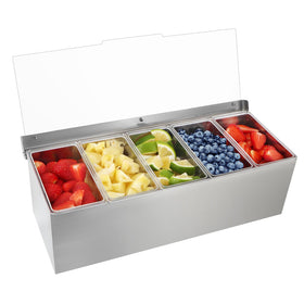 Moligou chilled condiment server with lid keeps foods fresh at outdoor events.