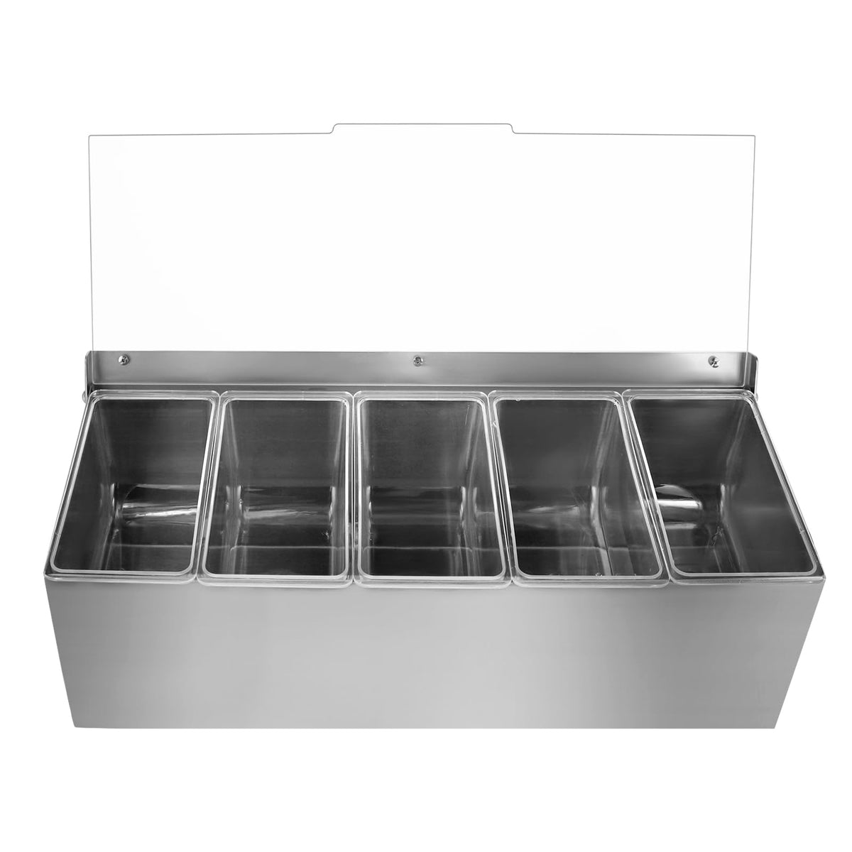 Moligou stainless steel condiment caddy shows 5 removable compartments for easy refills.