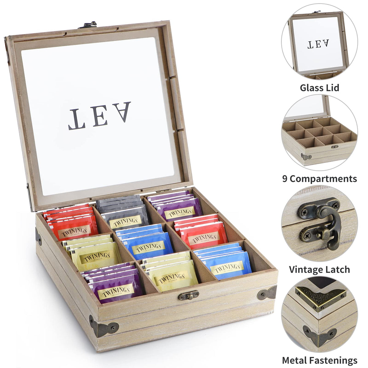 MOLIGOU tea box features rustic finish and metal corners for timeless style
