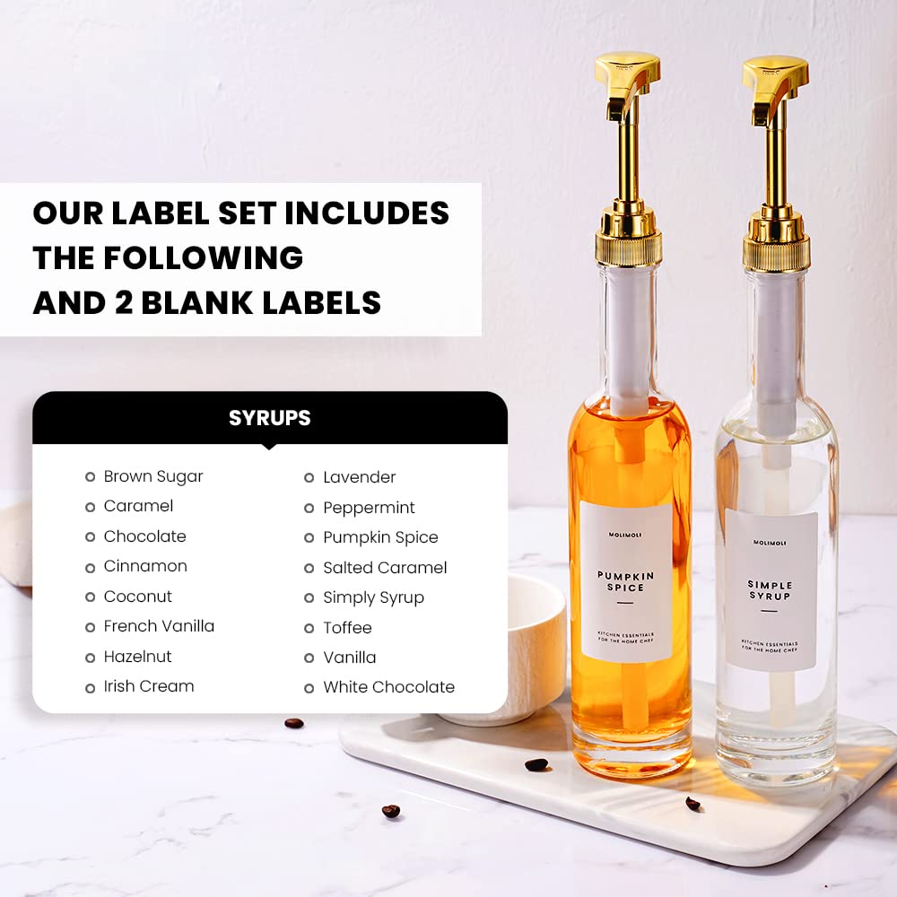 Molimoli gold pump dispenser enabling precise syrup portions in cafes and homes.