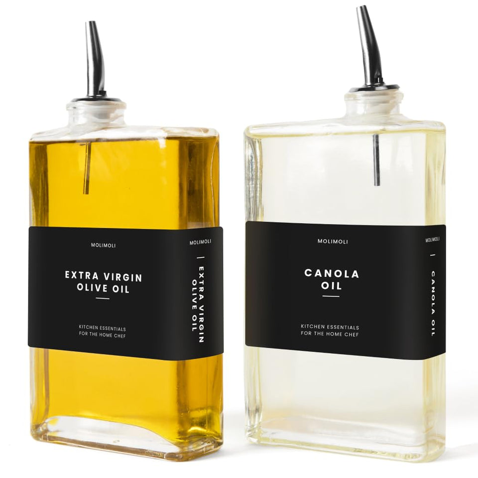Molimoli olive oil dispenser bottle set shown on a clean kitchen counter with a minimalist look