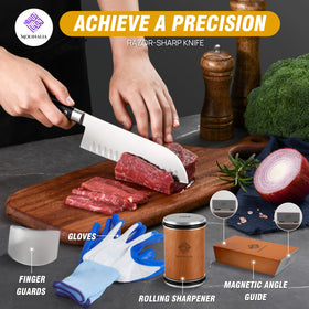 Molinalia kit features finger guard and gloves for safer sharpening sessions.