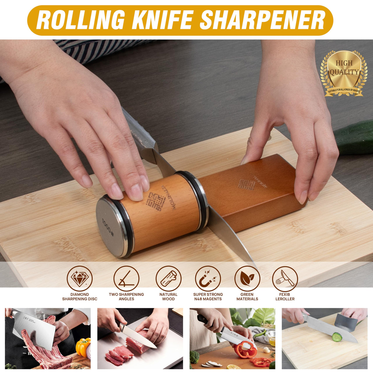 Molinalia knife sharpener magnetic guide at 15°-20° ensures consistent angles.