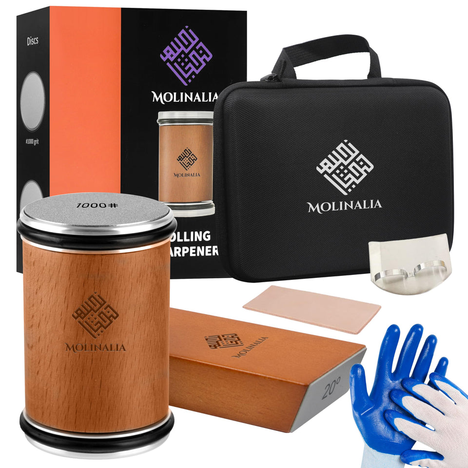 Molinalia Rolling Knife Sharpener Kit with angle guide for precise edge angles.