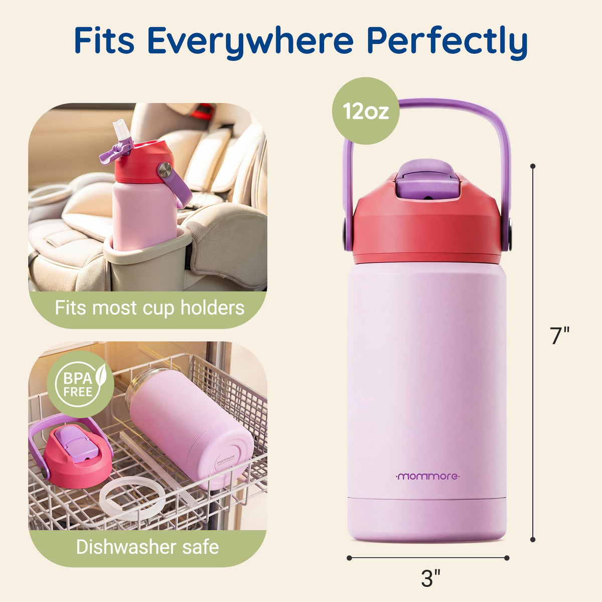 Mommore insulated water bottle 12oz side view keeps drinks cold
