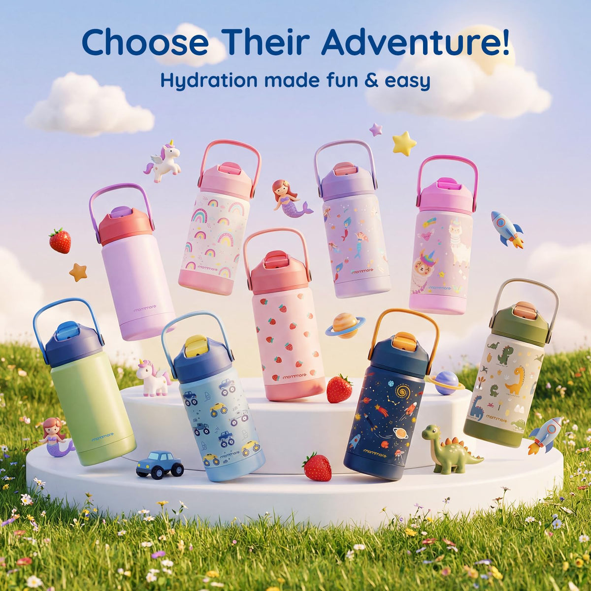 Mommore mermaid bottle stands ready for school and outdoors with versatile use.