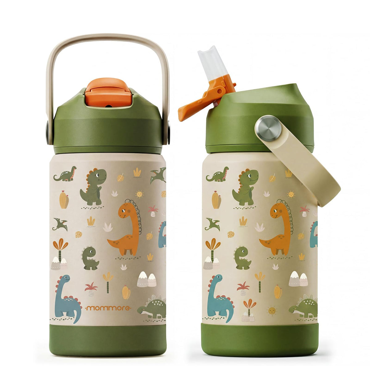 Mommore Kids Water Bottle 12 oz with dinosaur graphic—ergonomic grip for small hands on the go.