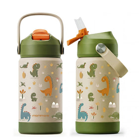Mommore Kids Water Bottle 12 oz with dinosaur graphic—ergonomic grip for small hands on the go.