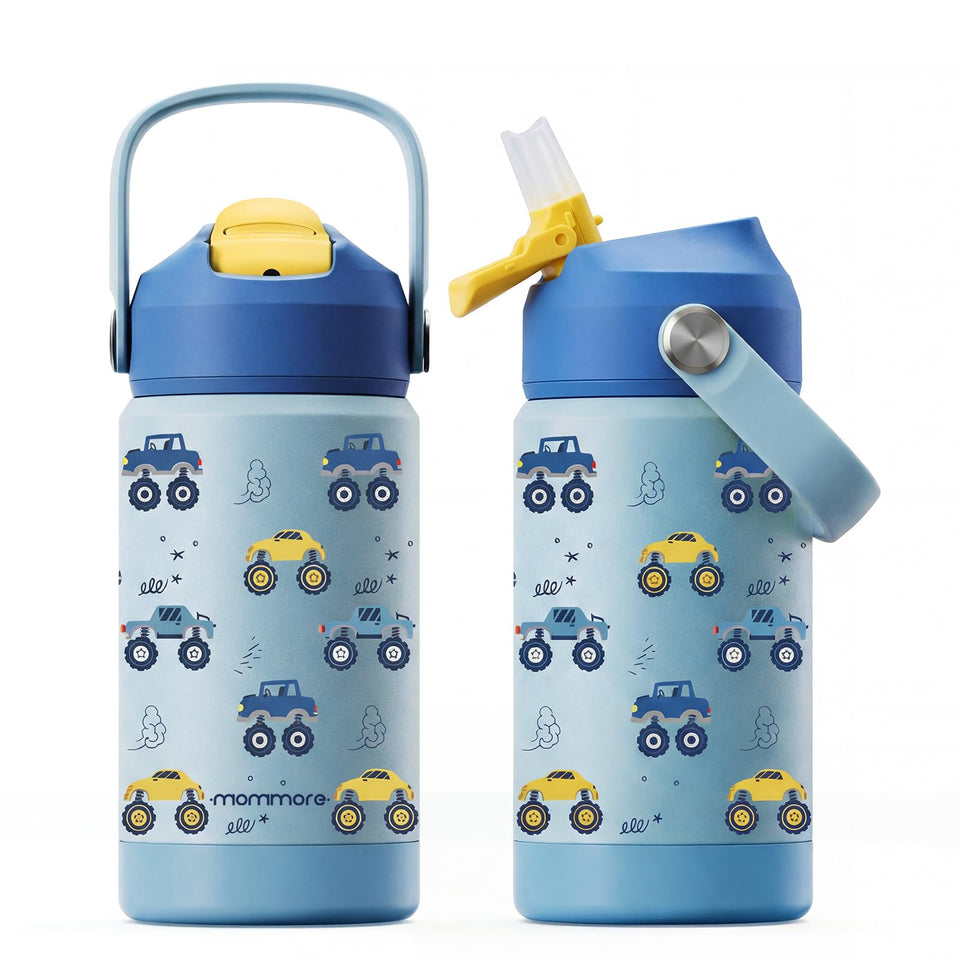 Mommore kids water bottle 12oz front view for easy school carry