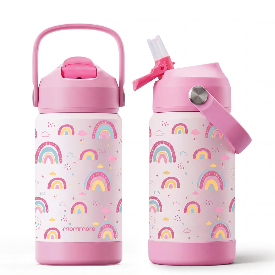 Mommore Kids Water Bottle 12oz rainbow straw for easy on-the-go hydration.