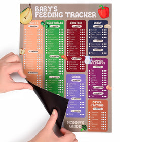 MOMMY'S GUIDE baby food tracker on fridge for easy meal planning.
