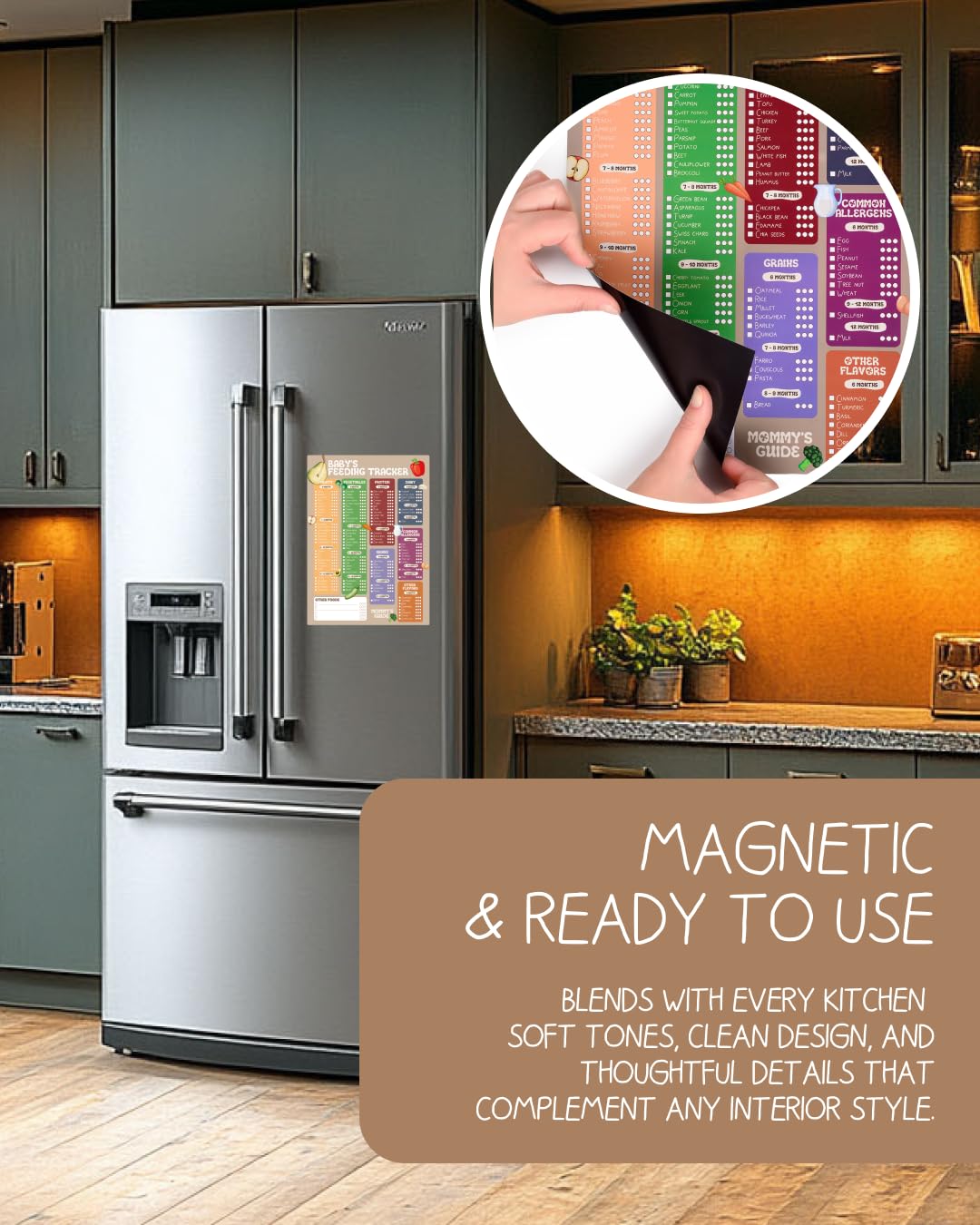 MOMMY'S GUIDE glossy laminated chart resists stains for quick cleanups.