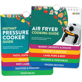 Momo & Nashi airfryer and instant pot magnetic guides on the fridge provide quick reference.