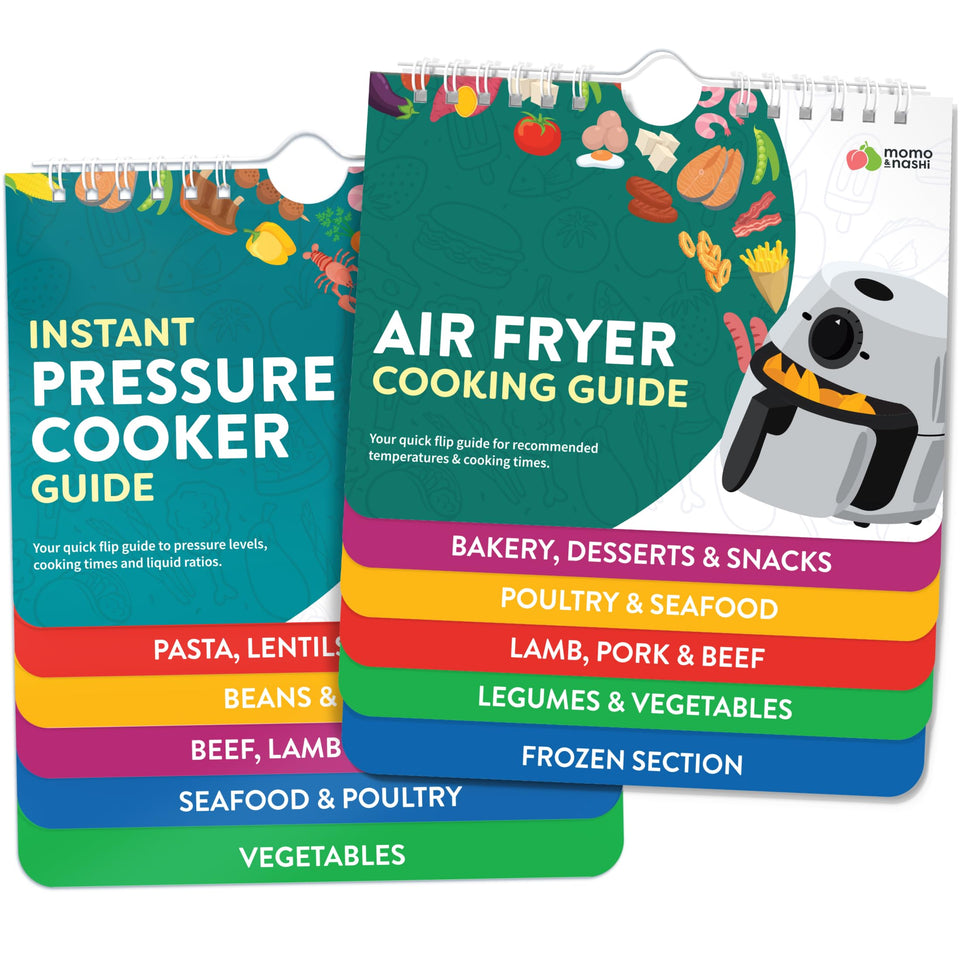 Momo & Nashi airfryer and instant pot magnetic guides on the fridge provide quick reference.