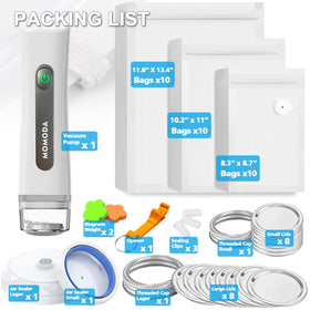 MOMODA 57-piece kit consolidates sealer, jars, discs, and bags in one box.