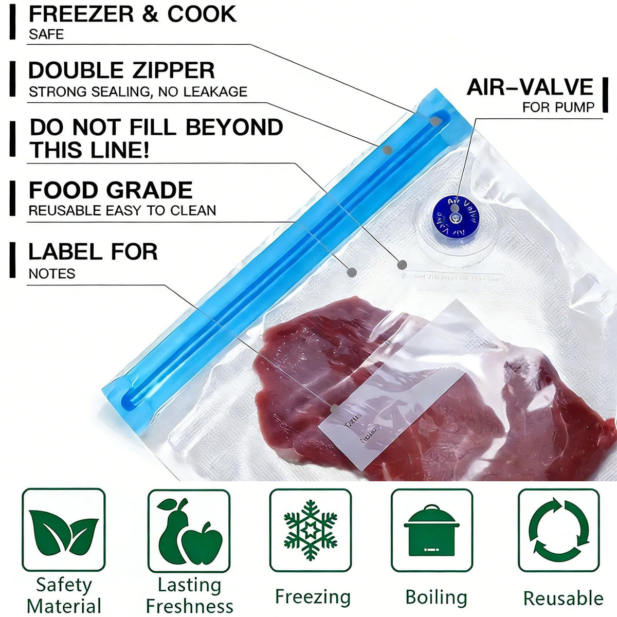 MOMODA freezer-safe sous vide bags protect flavors and nutrients for later use.