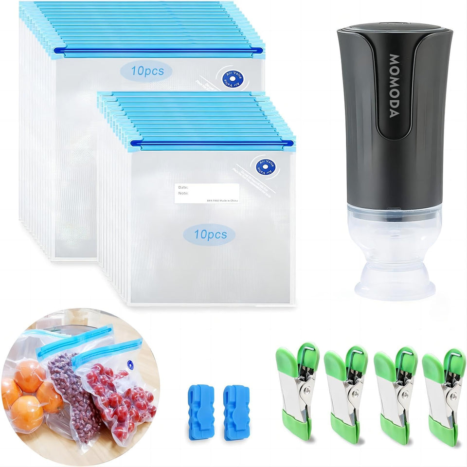 MOMODA sous vide bags set 20 packaging shown for easy meal prep and storage
