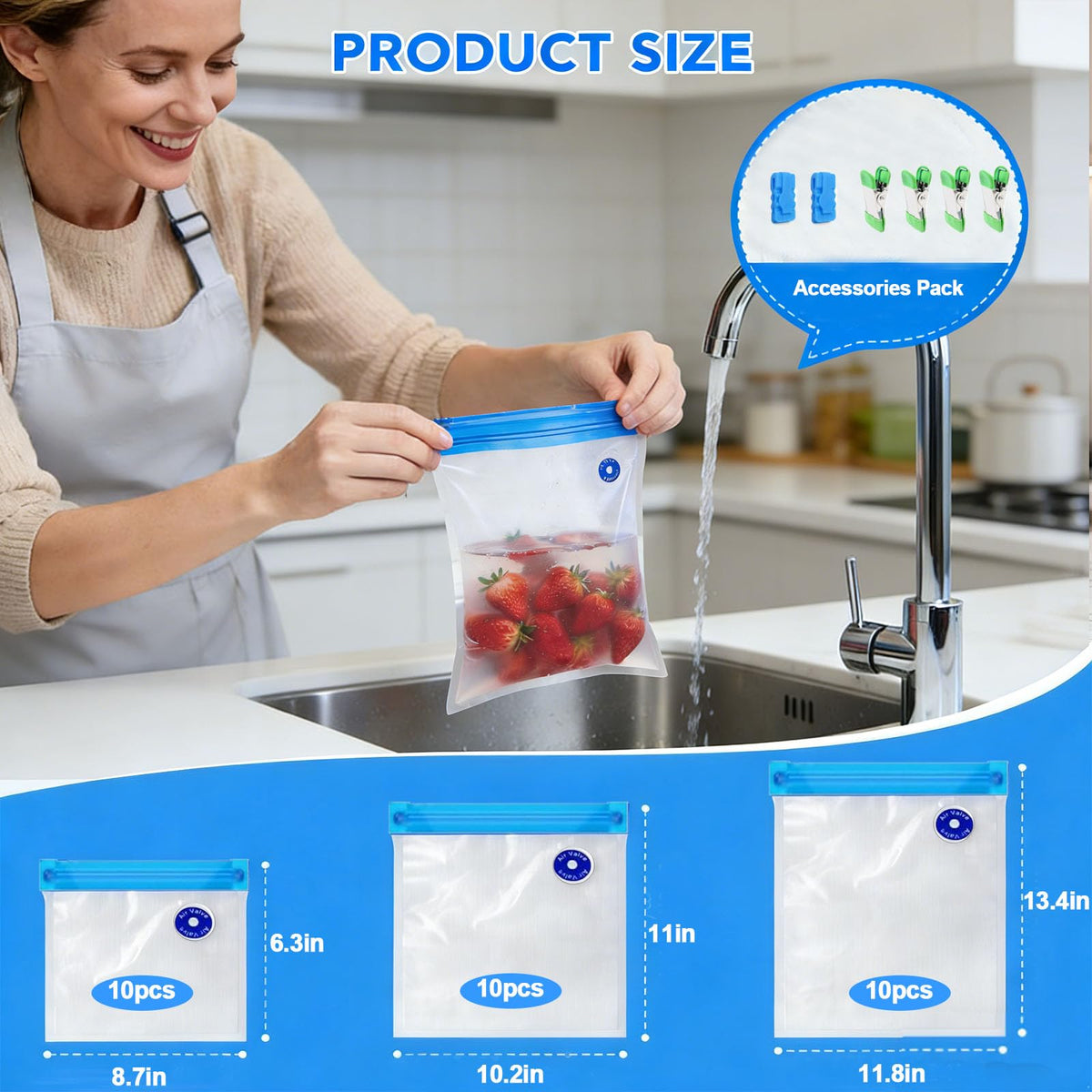 MOMODA sous vide bags with air valve for tight seals and freshness.