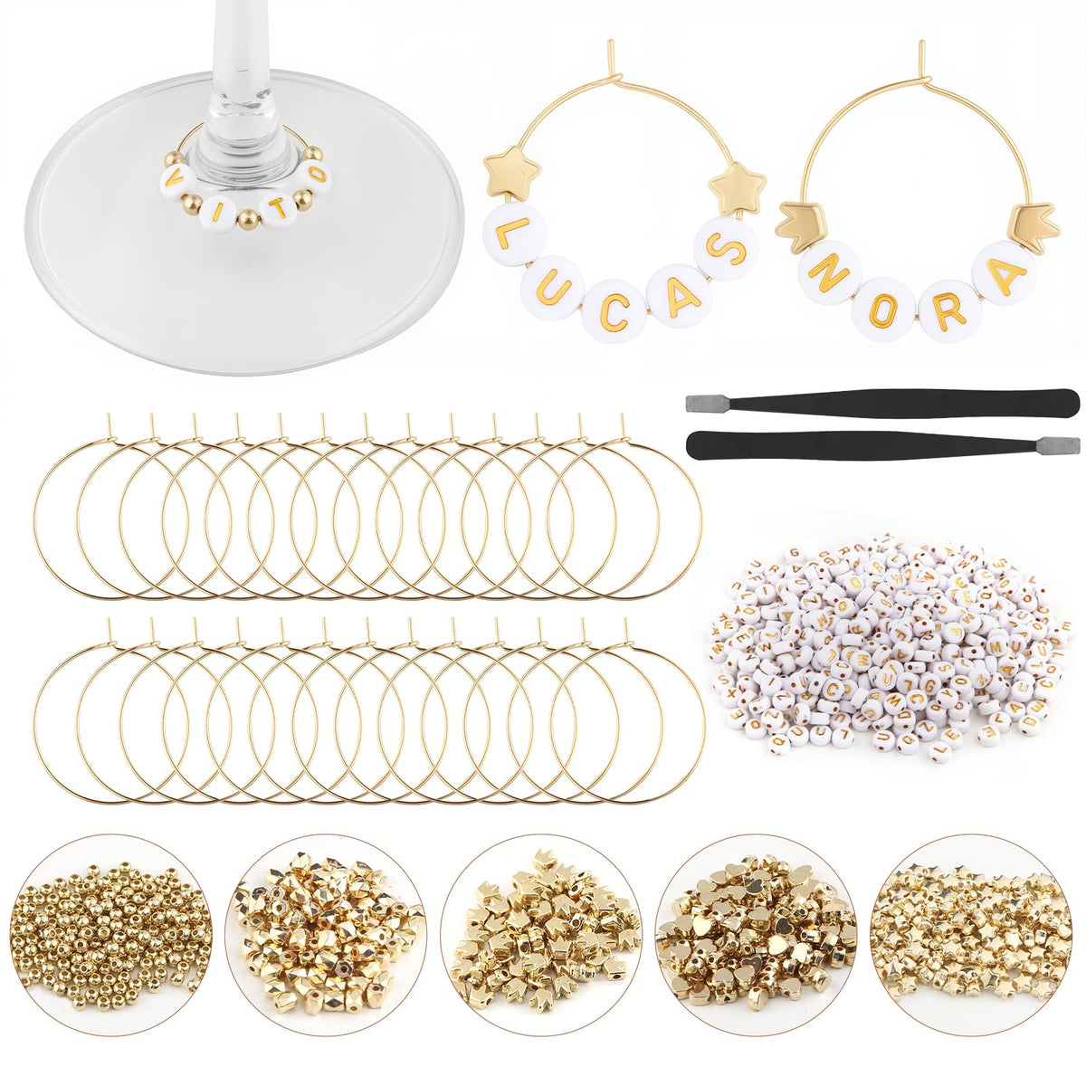 MOMOTONX wine charms kit arranged for an organized party setup and easy assembly