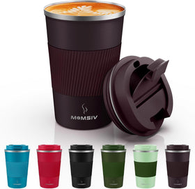 MOMSIV 12oz travel mug held in hand showing comfortable grip for on-the-go sipping.