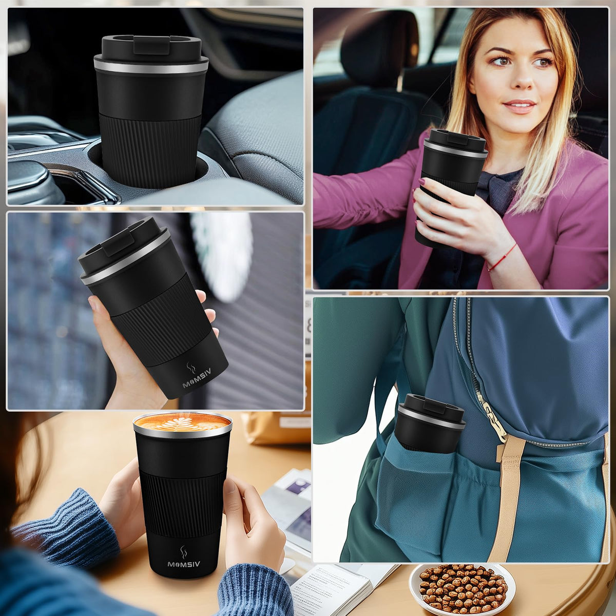 MOMSIV travel mug ideal for car, home, and outdoor use.
