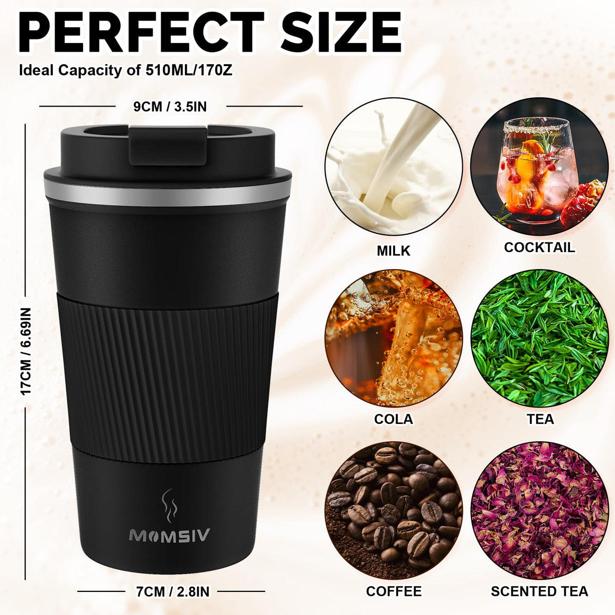 MOMSIV insulated stainless steel cup keeps drinks hot or cold for hours.