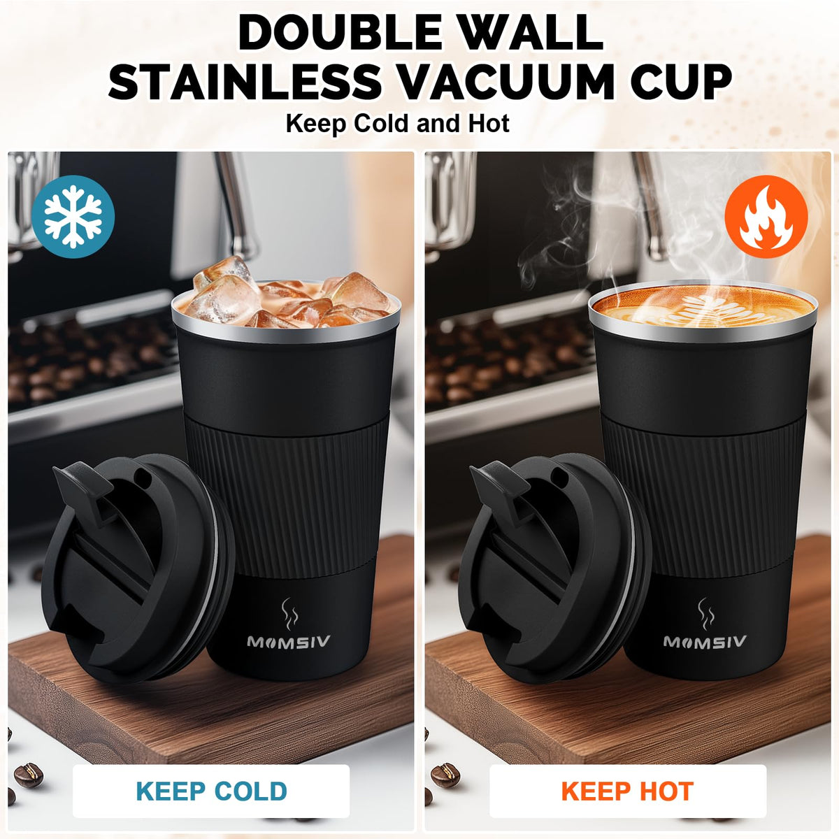 MOMSIV travel mug shown with one-hand flap opening for easy sipping.
