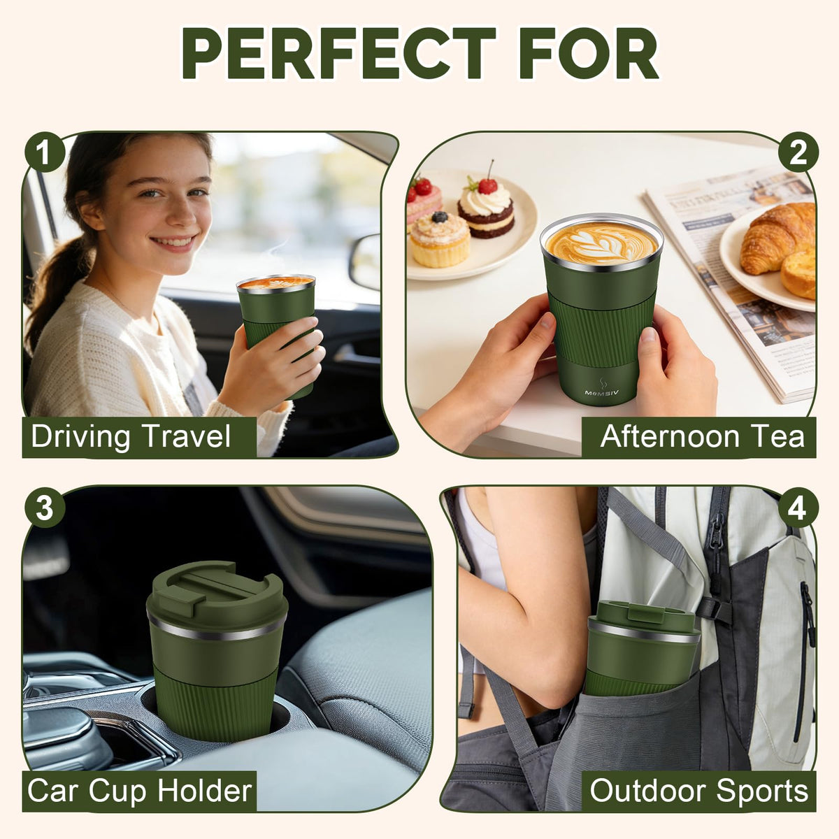 MOMSIV ArmyGreen travel mug is ideal for on-the-go use.