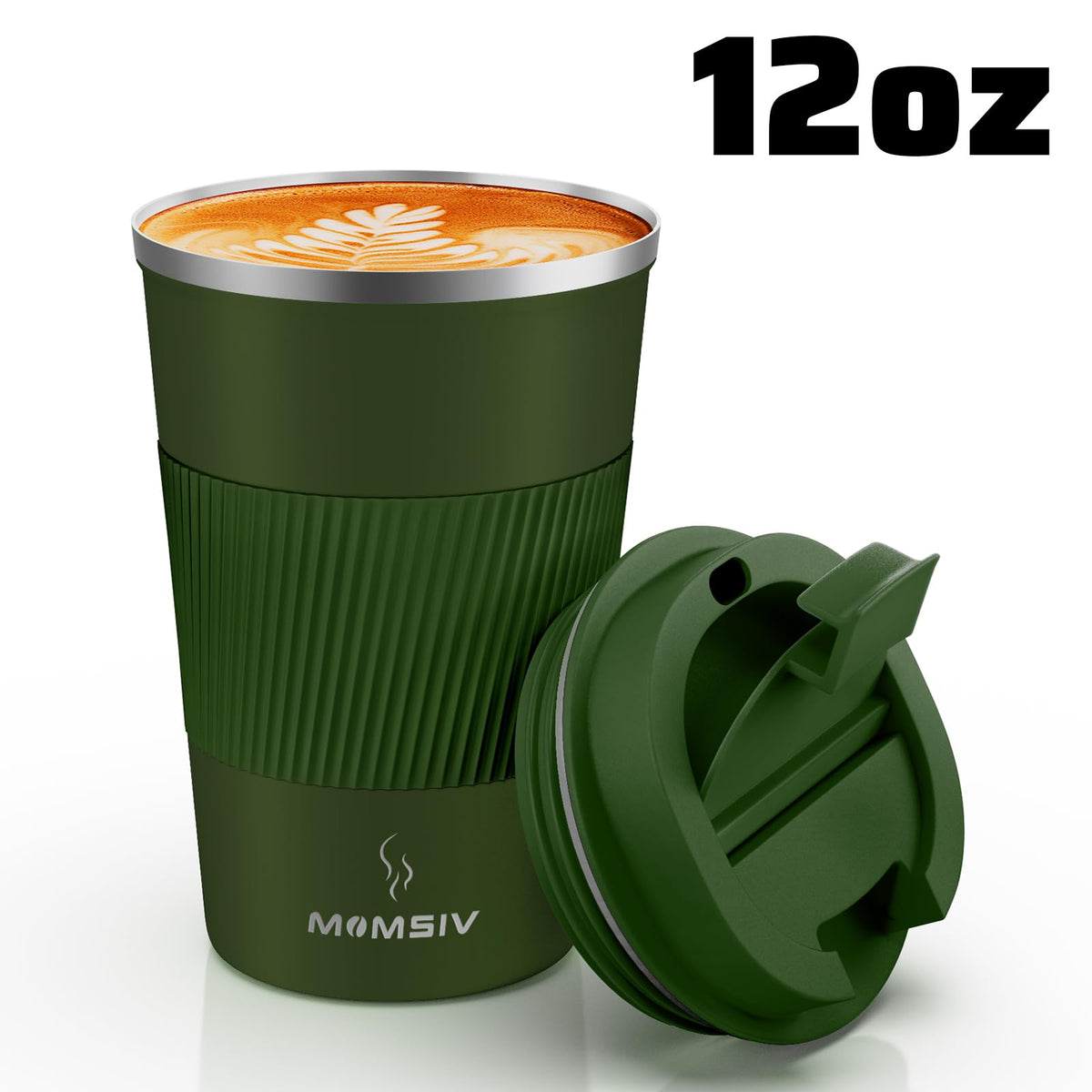 MOMSIV ArmyGreen 380ml cup uses durable 304 stainless steel.