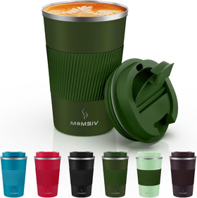 MOMSIV travel mug ArmyGreen insulated stainless steel keeps beverages at temperature.