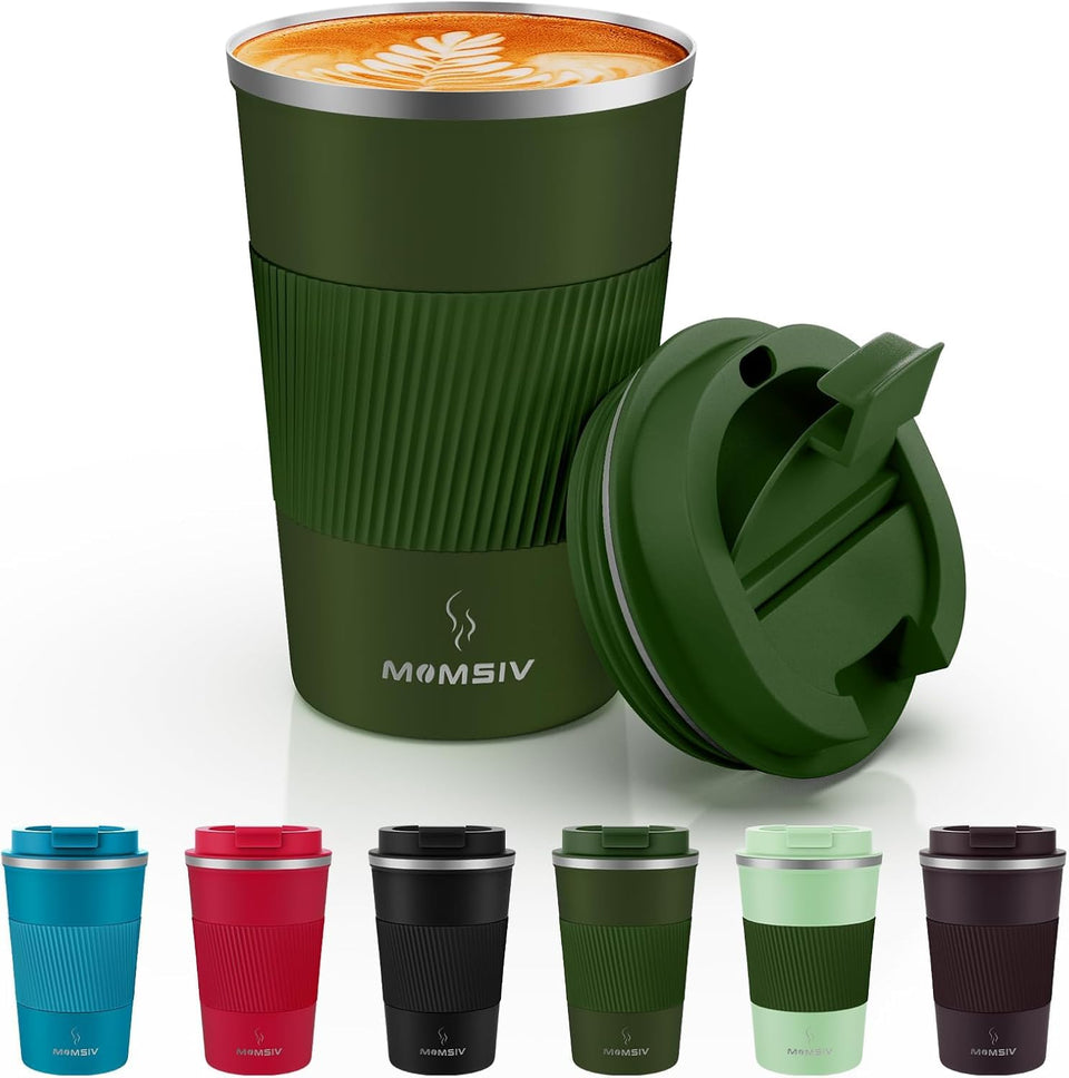 MOMSIV travel mug ArmyGreen insulated stainless steel keeps beverages at temperature.