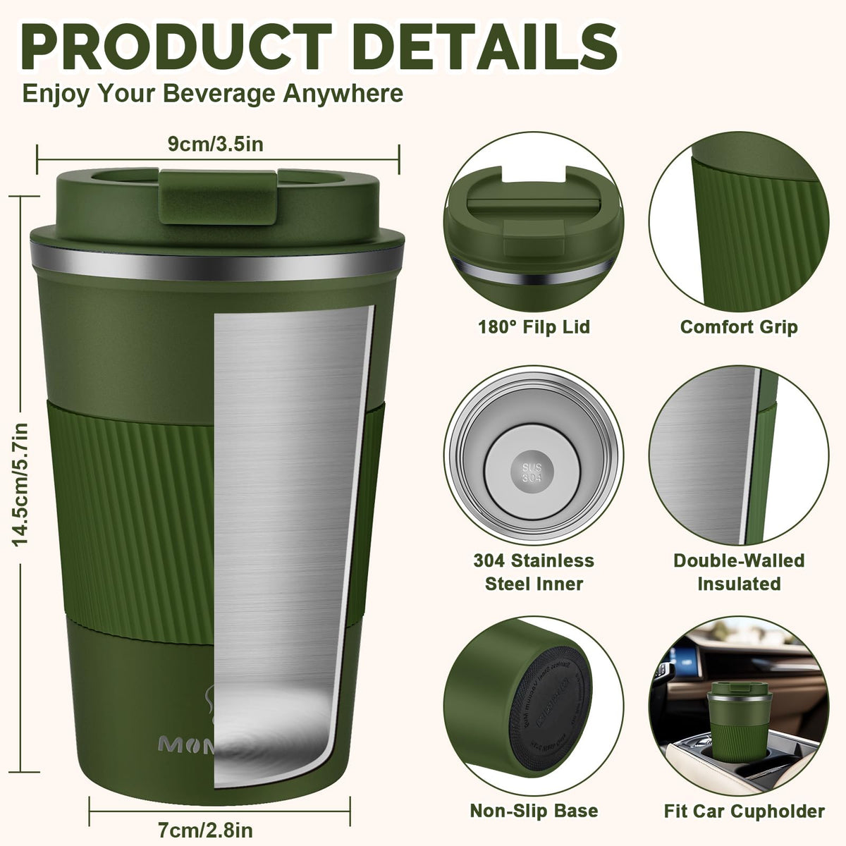 MOMSIV ArmyGreen travel mug leakproof screw-on lid prevents spills during travel.