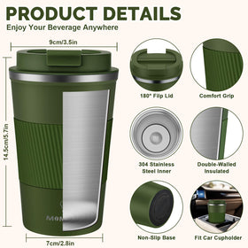 MOMSIV ArmyGreen travel mug leakproof screw-on lid prevents spills during travel.