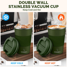 MOMSIV ArmyGreen mug demonstrates one-handed drinking with flap opening.