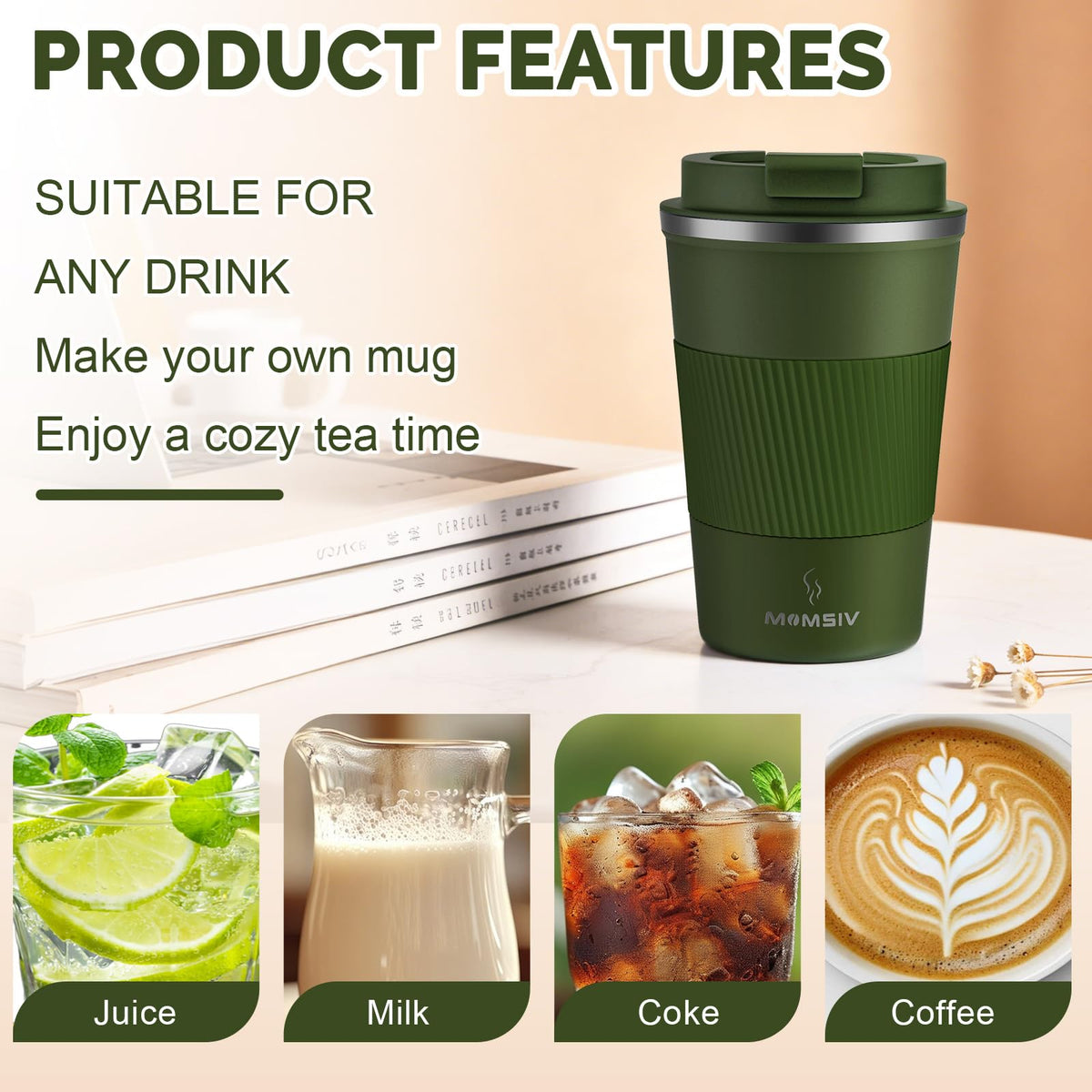 MOMSIV ArmyGreen travel mug straw-hole lid offers versatile drinking options.