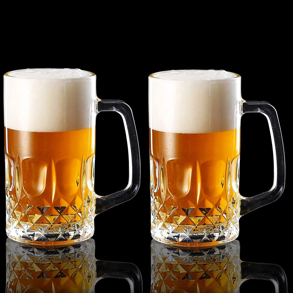 Momugs 20oz beer stein mugs set 2, clear glass with handle for easy pouring
