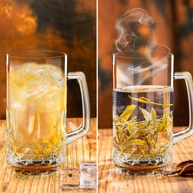 Momugs Oktoberfest themed beer mugs, clear glass pair
