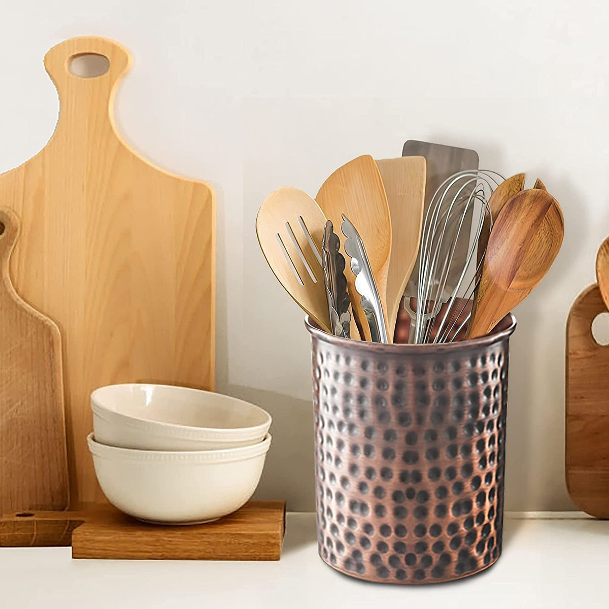 Monarch Abode antique copper utensil crock adds durable, stylish countertop storage.
