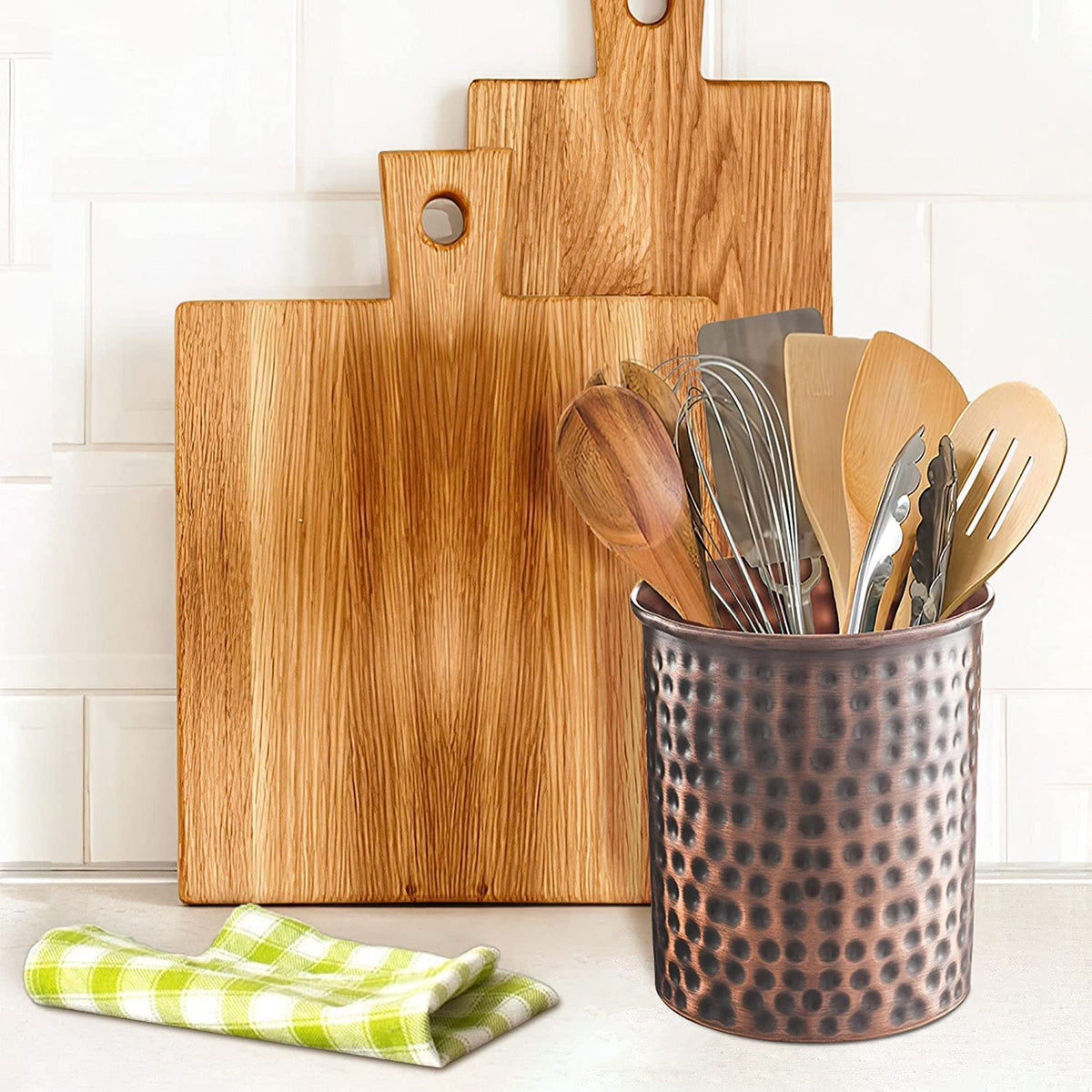 Monarch Abode decorative utensil holder elevates your counter with textured metal finish.